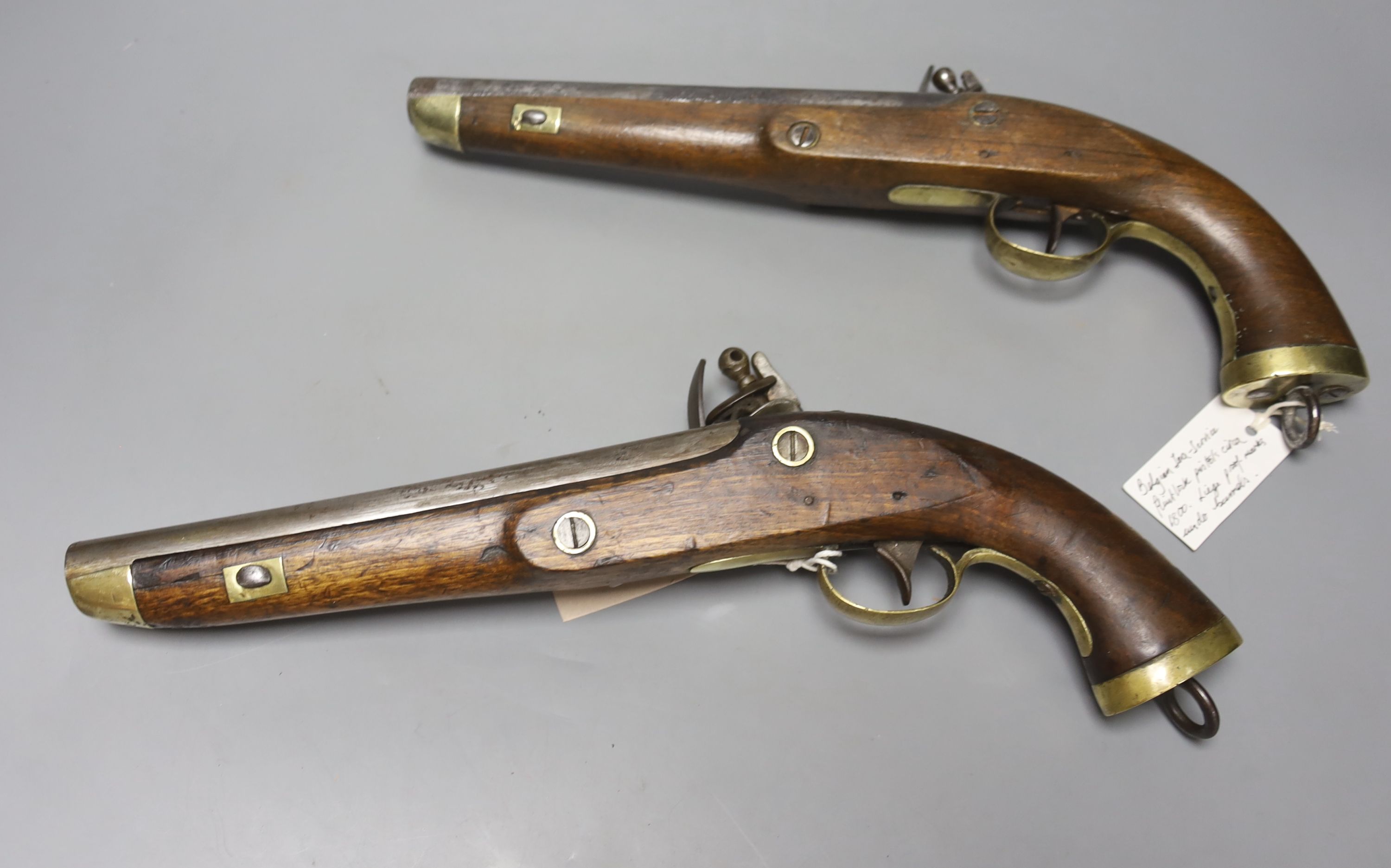 A pair of Belgian Sea Service flintlock pistols, circa 1800, length 39cm